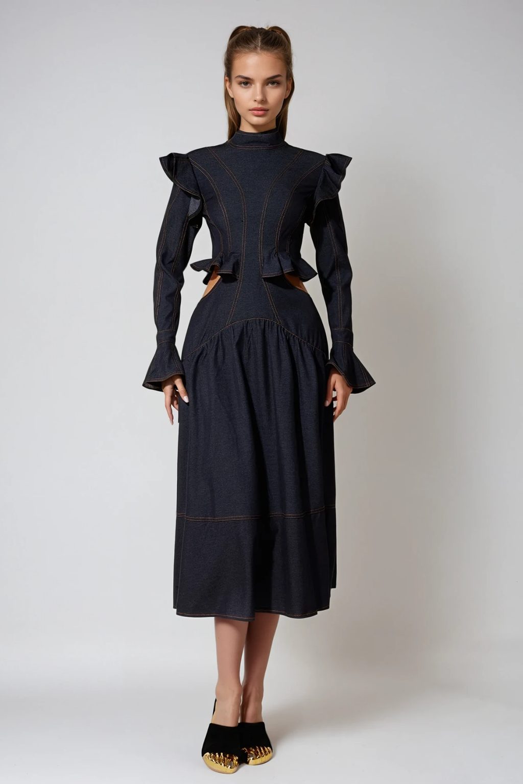 Drusa Cutout Ruffle Denim Midi Dress