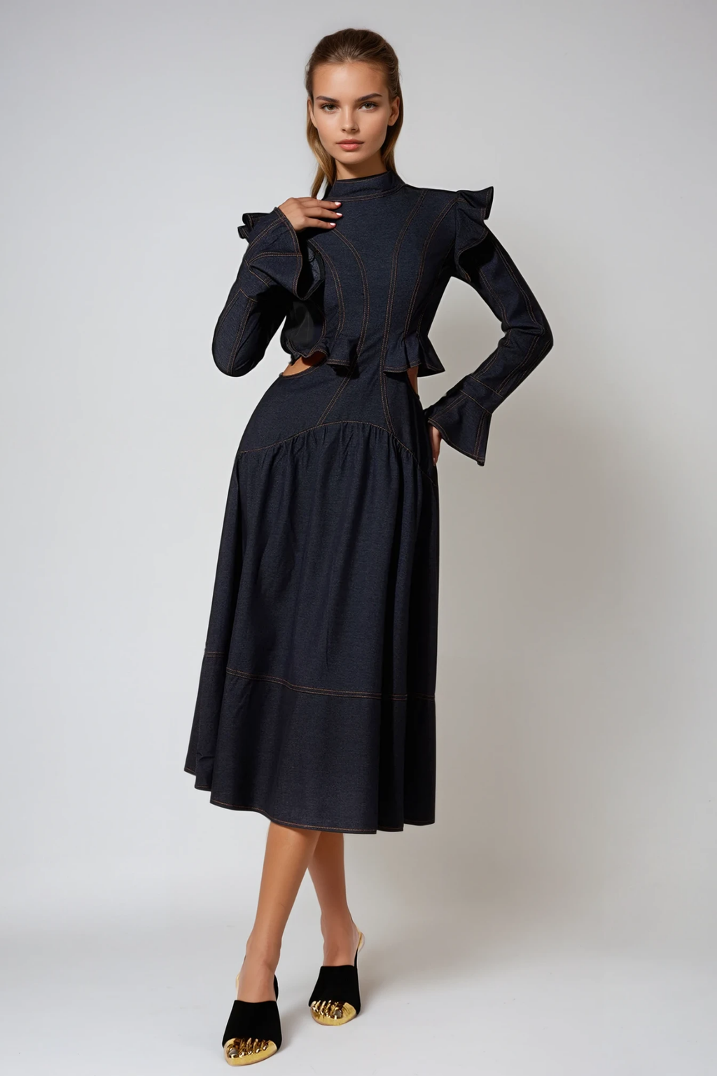 Drusa Cutout Ruffle Denim Midi Dress