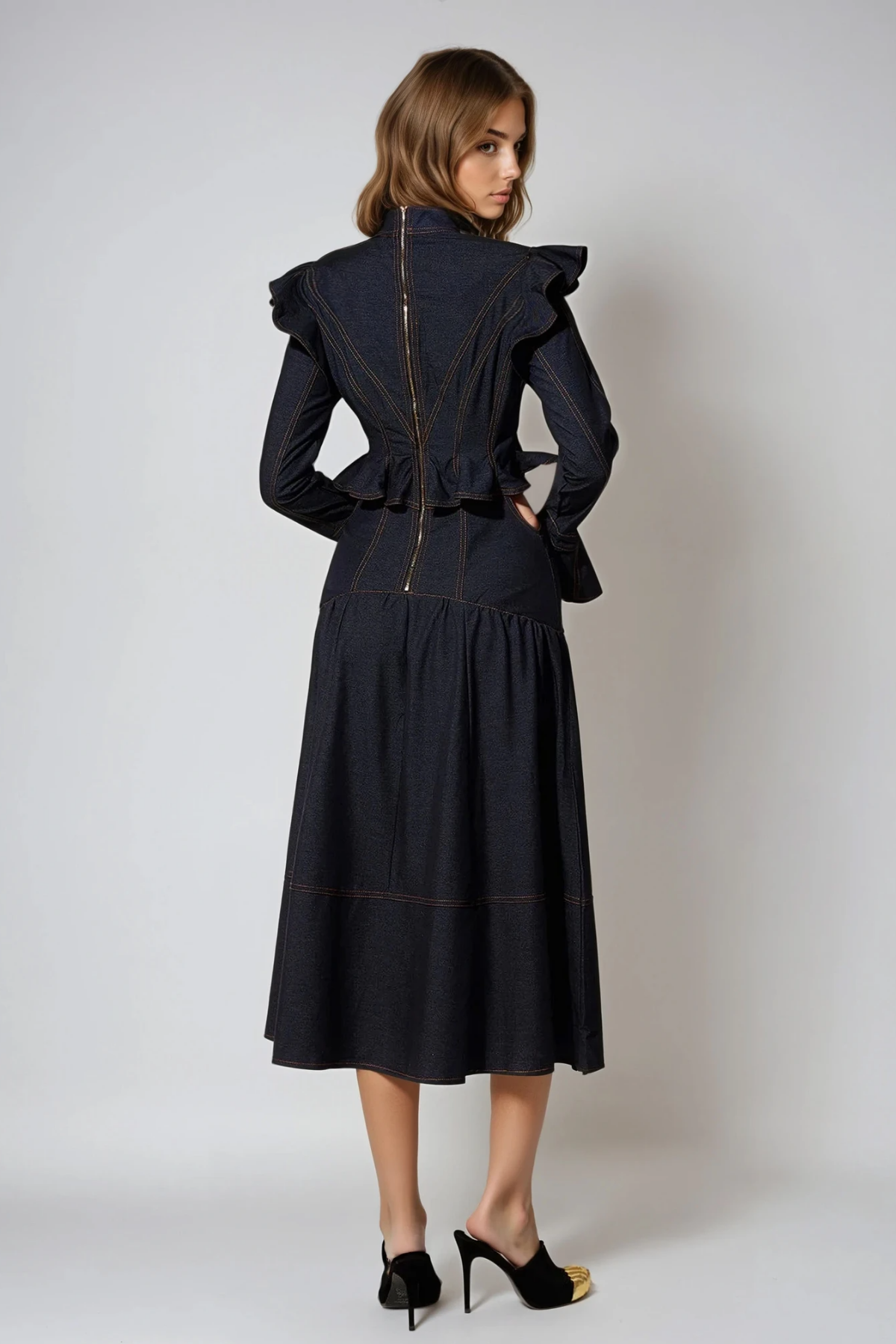Drusa Cutout Ruffle Denim Midi Dress