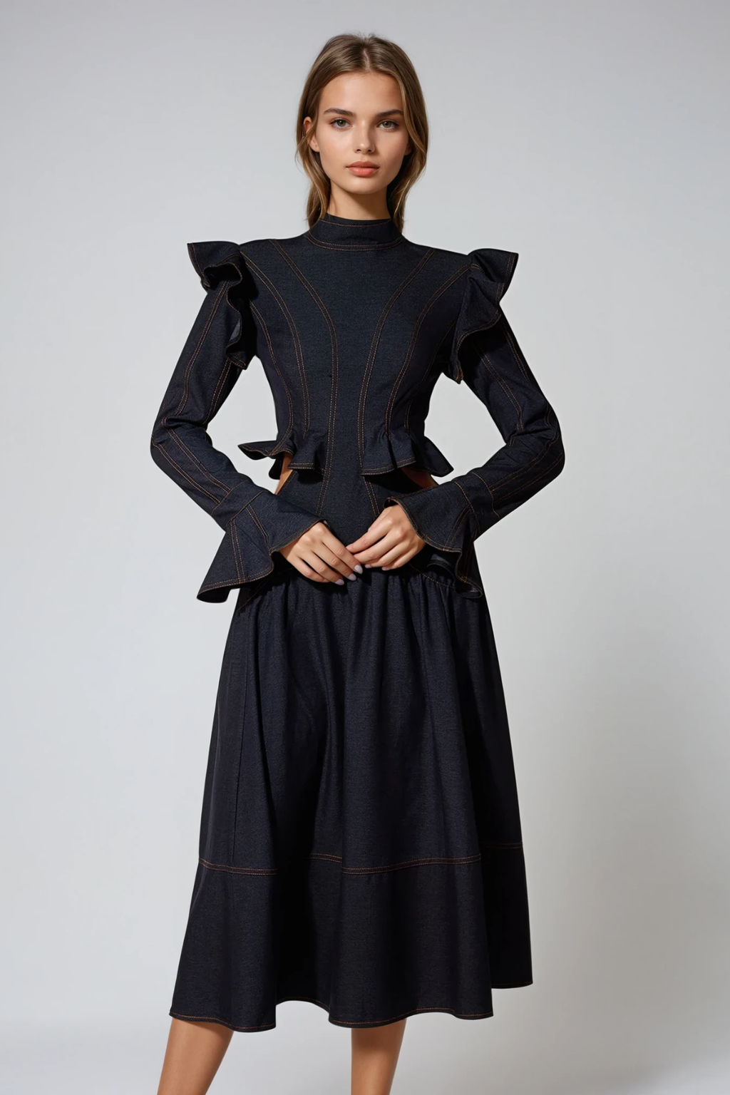Drusa Cutout Ruffle Denim Midi Dress
