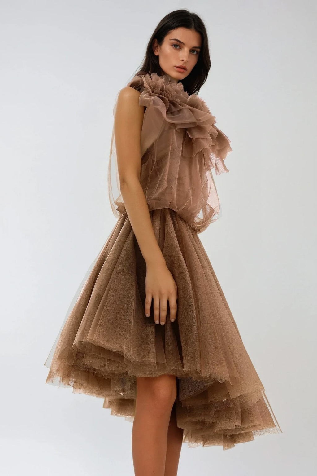 Drustan Flower Asymmetric Mesh Midi Dress