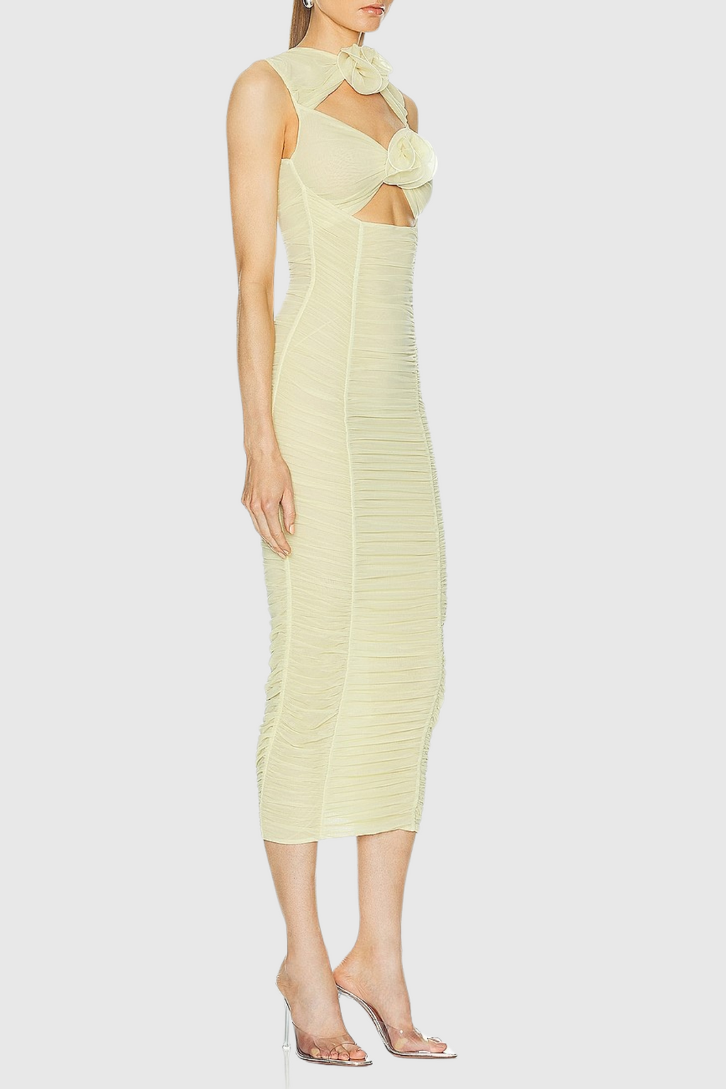 Earls Floral Sleeveless Ruched Mesh Midi Dress