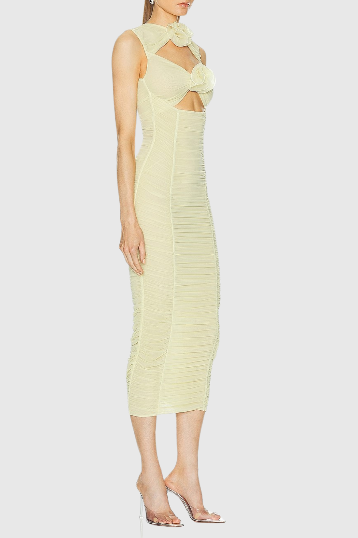 Earls Floral Sleeveless Ruched Mesh Midi Dress
