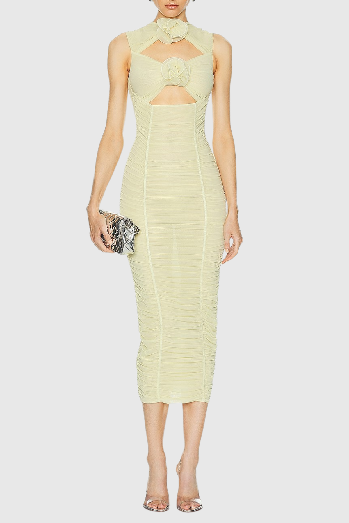 Earls Floral Sleeveless Ruched Mesh Midi Dress