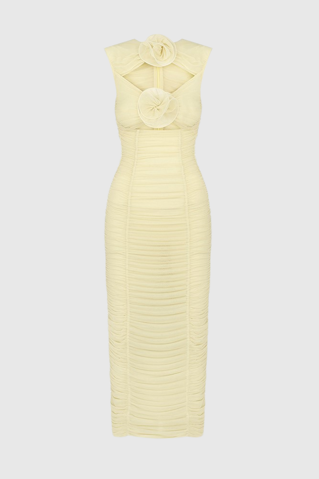 Earls Floral Sleeveless Ruched Mesh Midi Dress