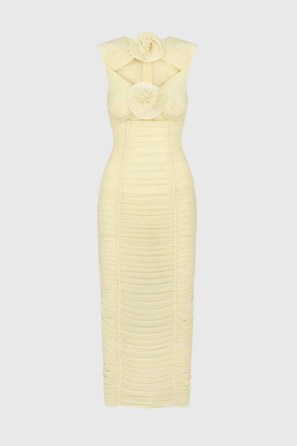 Earls Floral Sleeveless Ruched Mesh Midi Dress