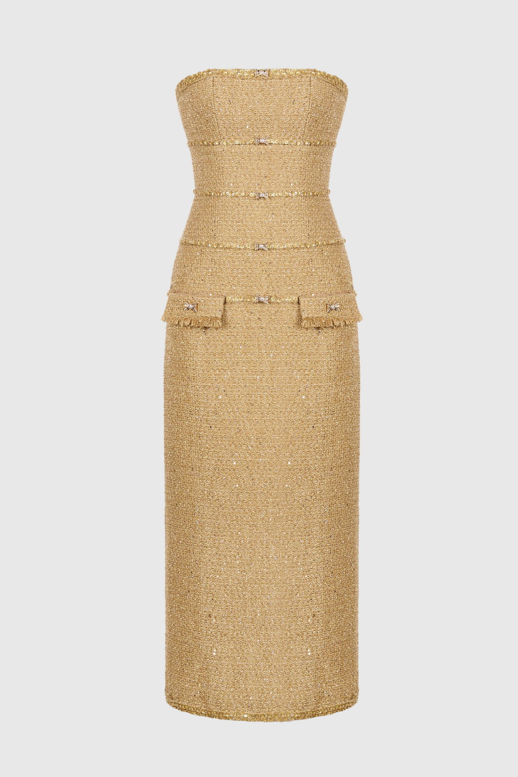 Elborno Gold Embellished Strapless Midi Dress