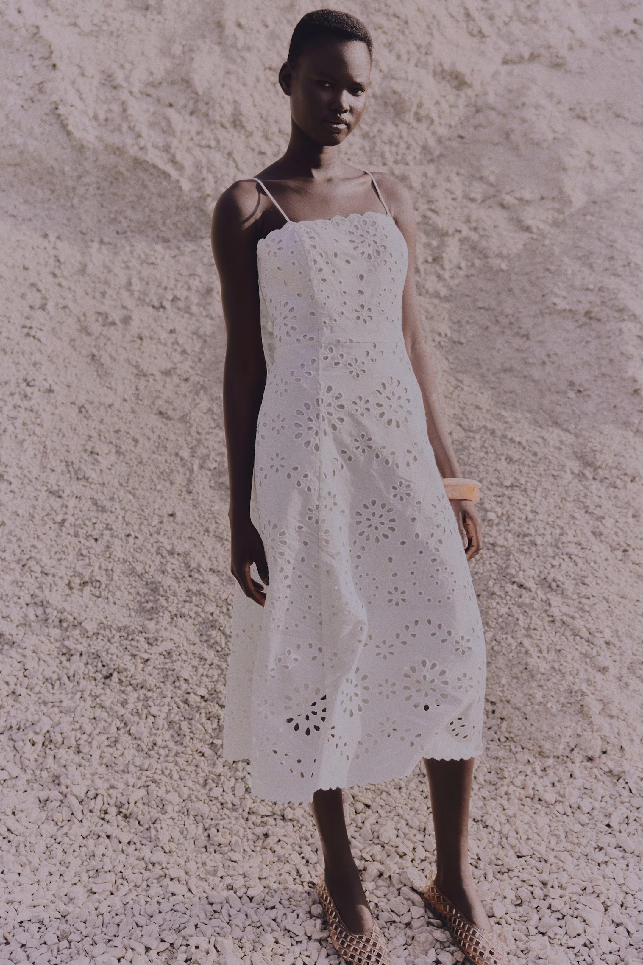 White Eyelet Spaghetti Strap Midi Dress
