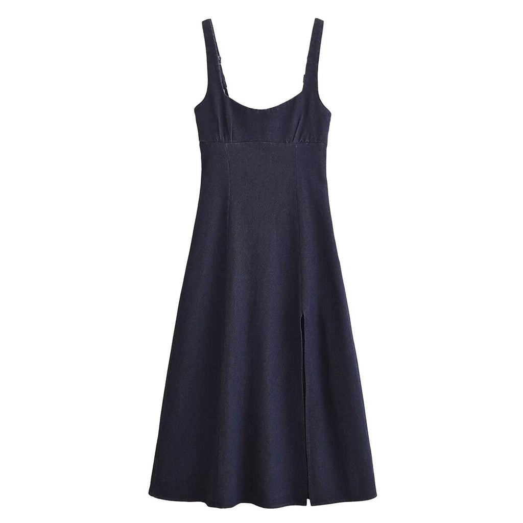 Fall Simple Thin Denim Midi Dress