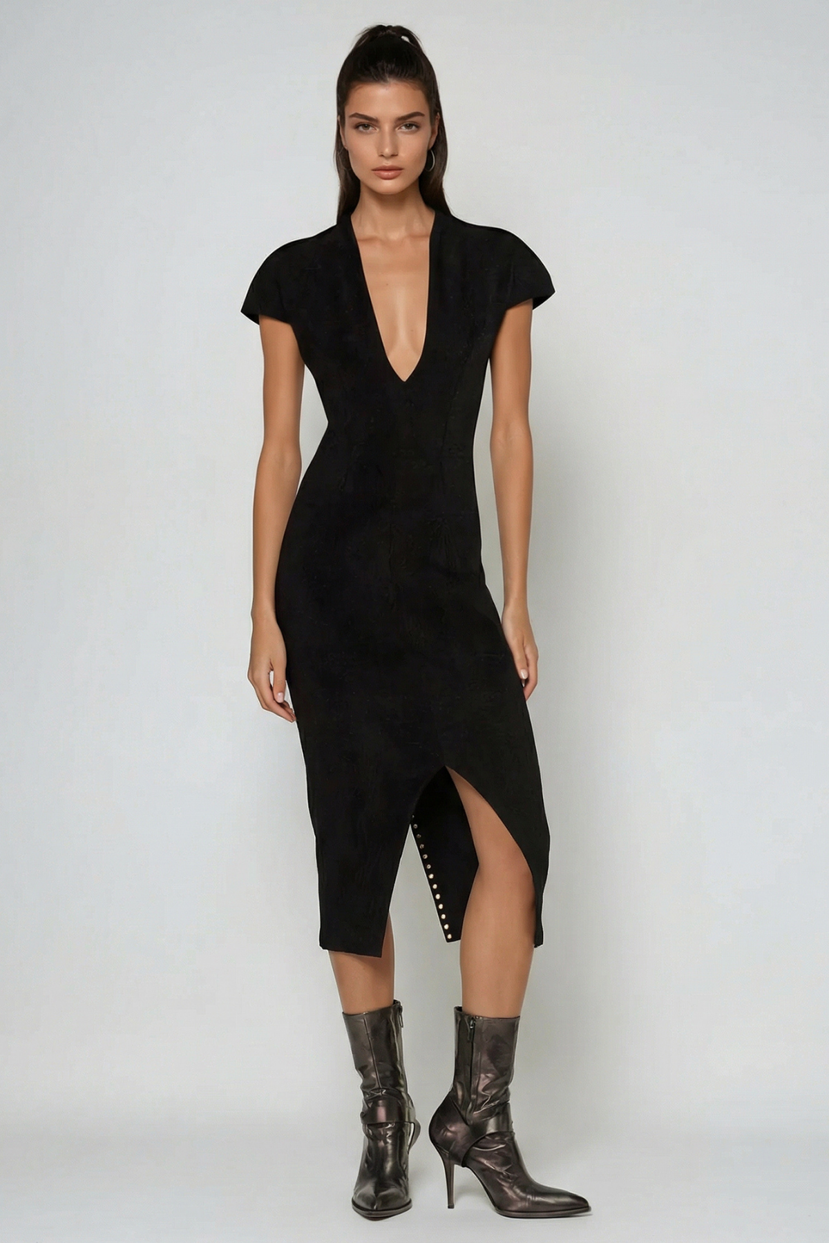 Fareed Plunge Lace Up Midi Dress