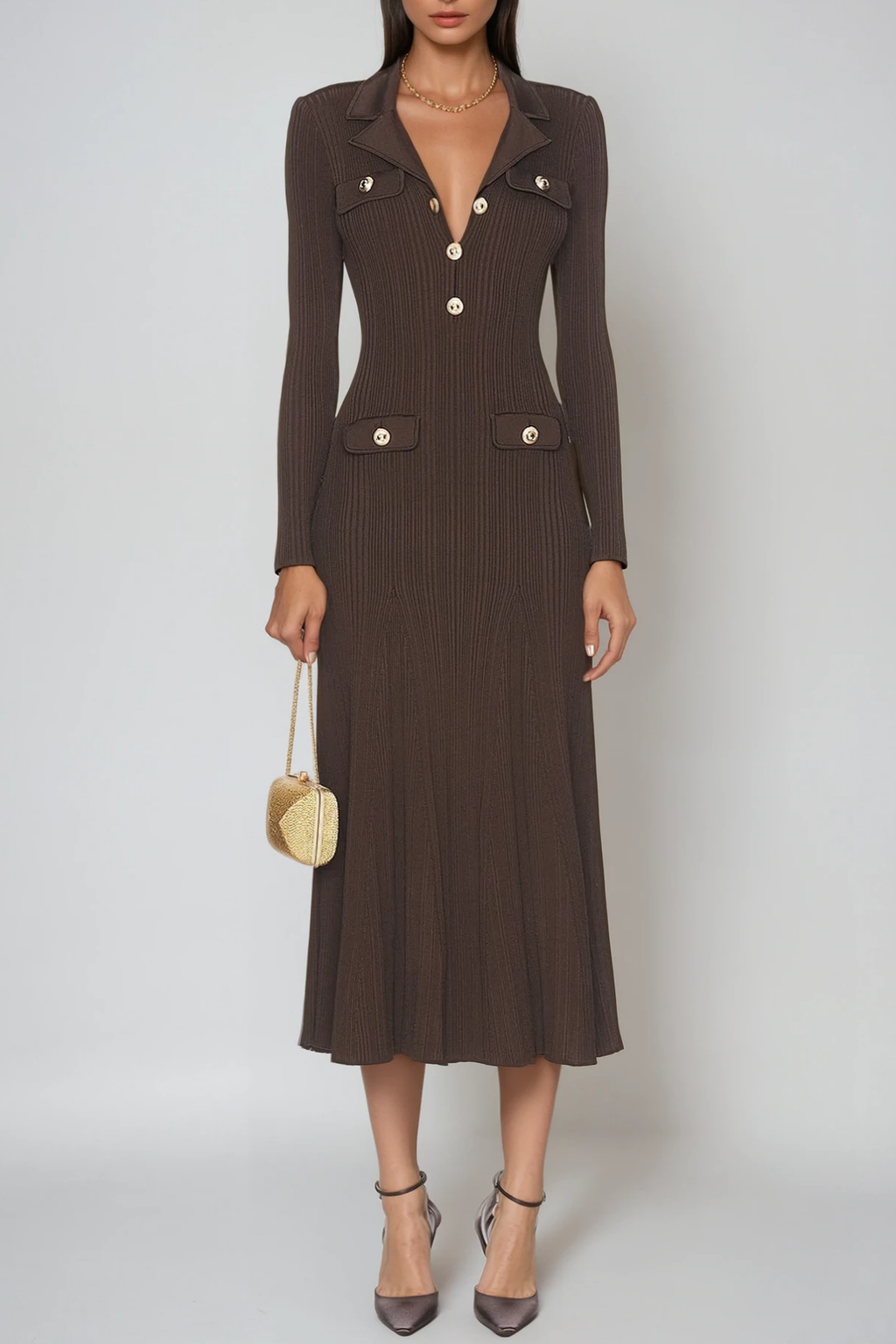 Faustin V Neck Button Knit Midi Dress