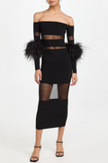 Genesis Off Shoulder Feather Mesh Midi Bandage Dress - Black