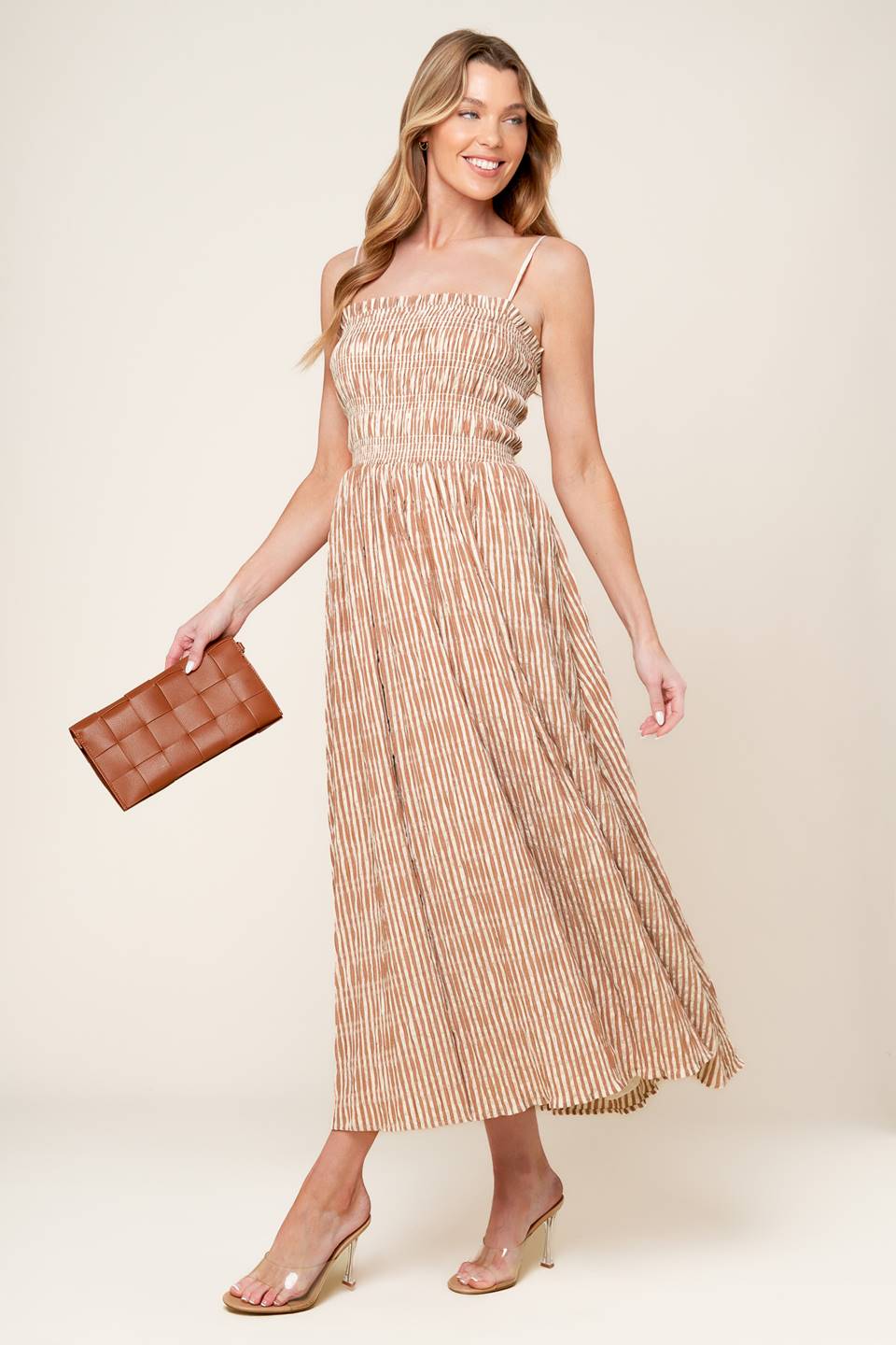 VALHALLA BROWN STRIPED MIDI DRESS