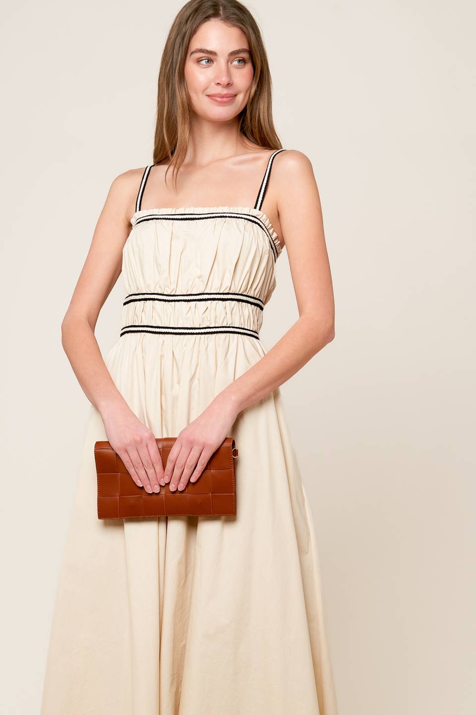 TERRIFIC TIMING BLACK TRIM IVORY MIDI DRESS