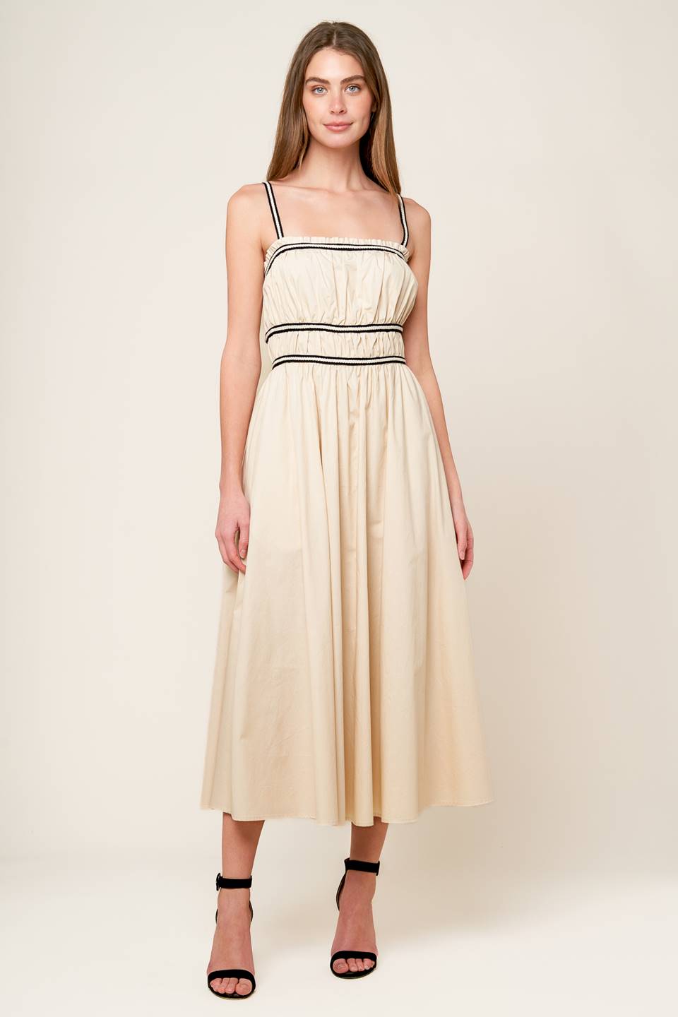 TERRIFIC TIMING BLACK TRIM IVORY MIDI DRESS