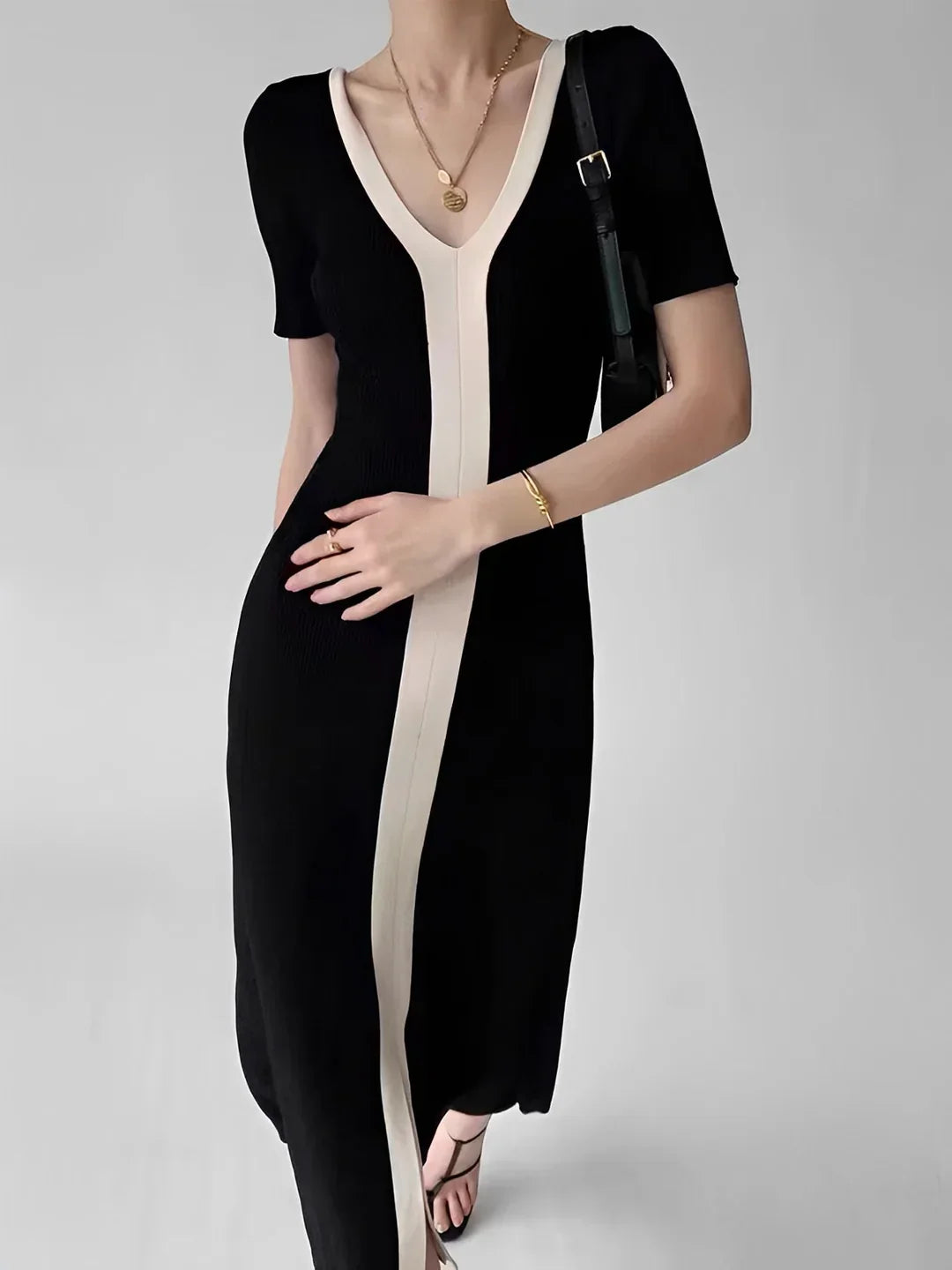 Always Elegant Contrast-Trim Midi Dress