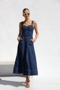 DENIM SUSPENDER CASUAL BUTTON MIDI DRESS
