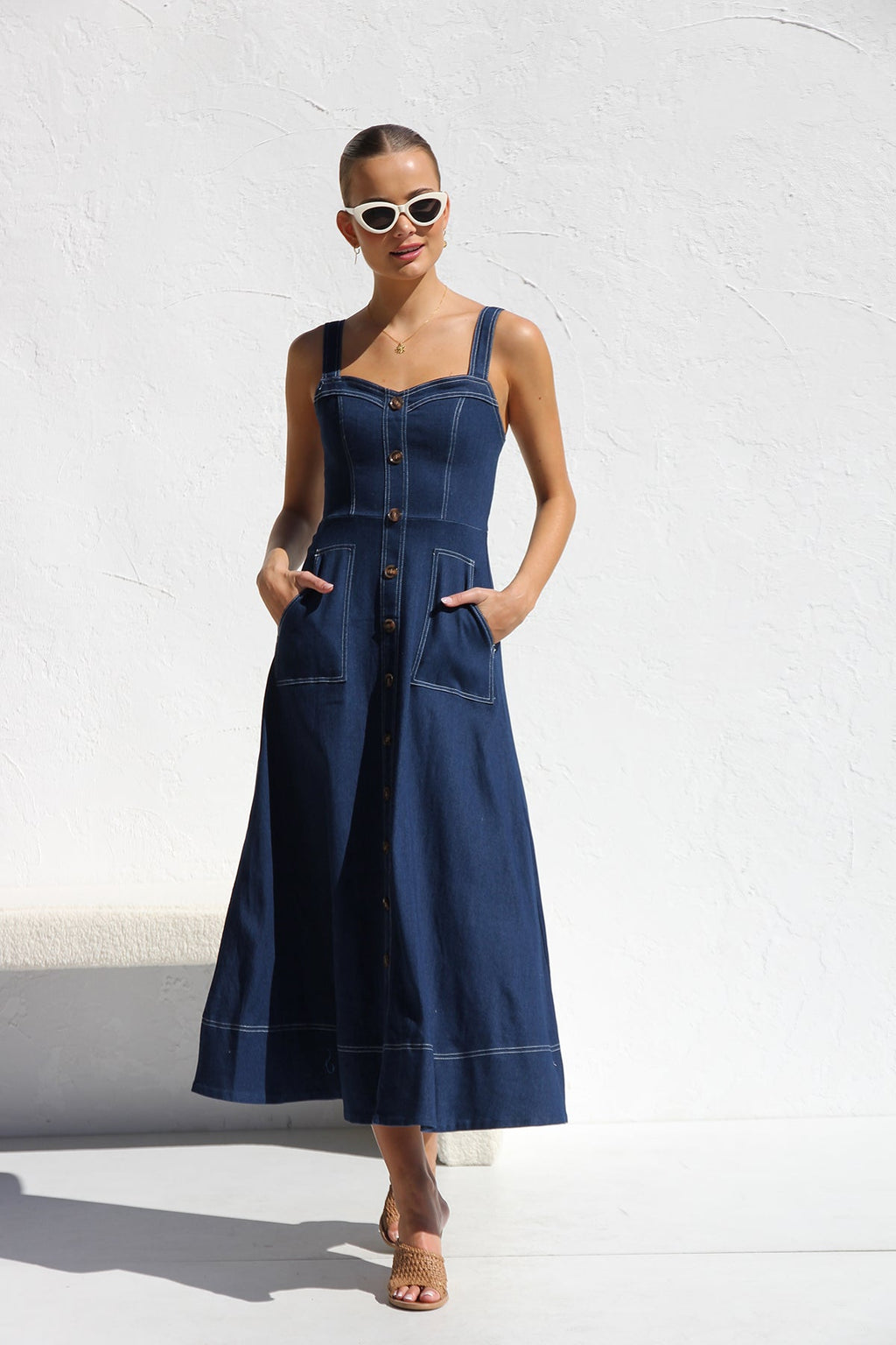 DENIM SUSPENDER CASUAL BUTTON MIDI DRESS