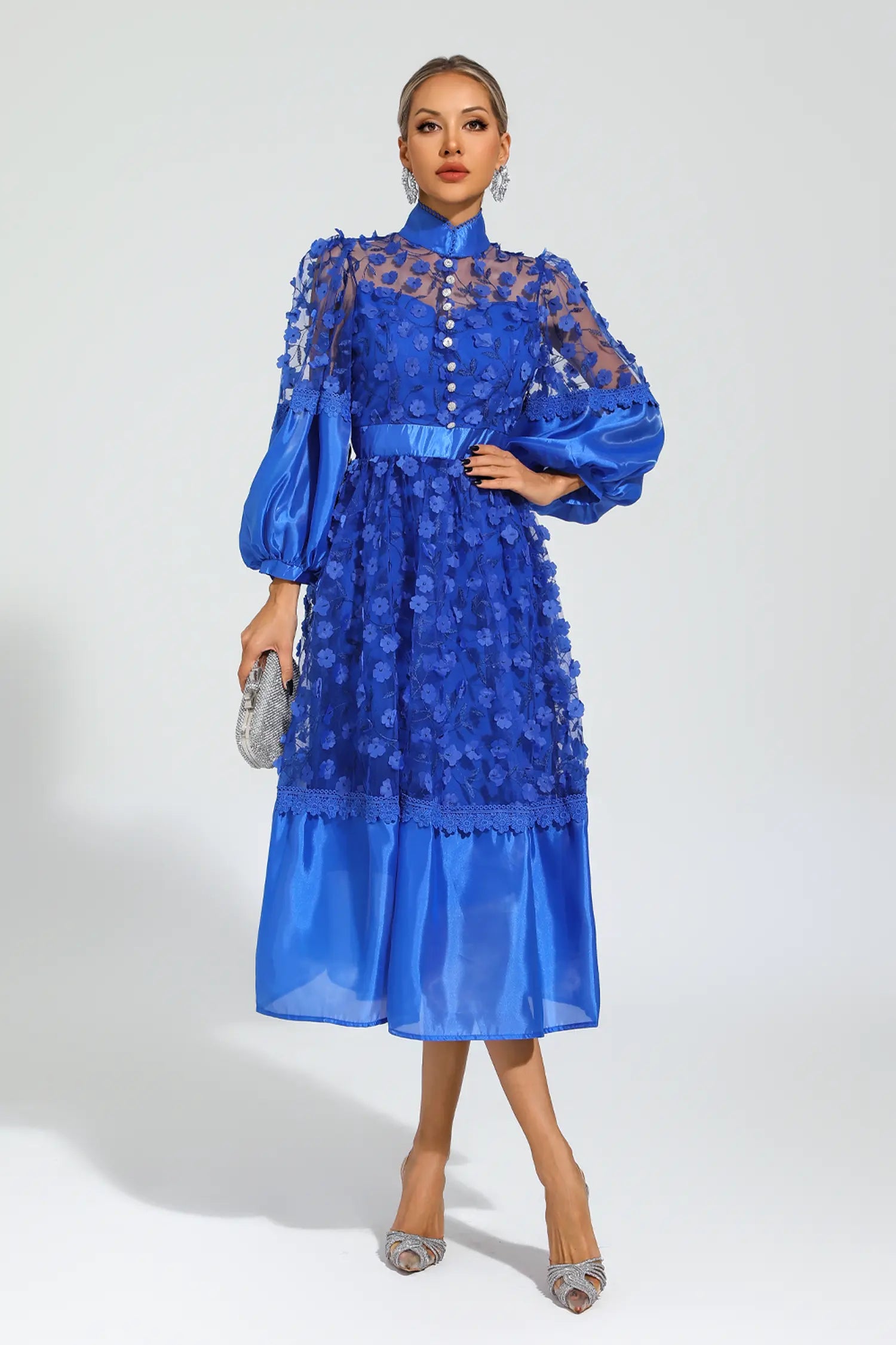 Lillie Blue Mesh Flower Midi Dress