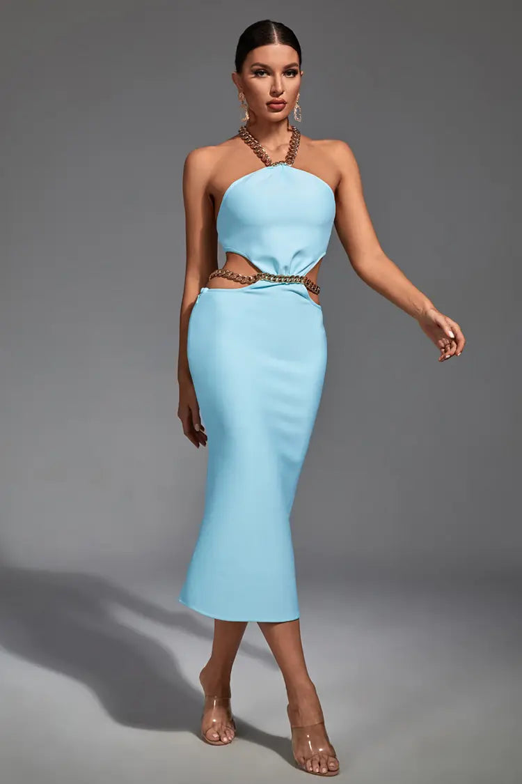 Margaret Blue Cutout Halterneck  Midi Dress