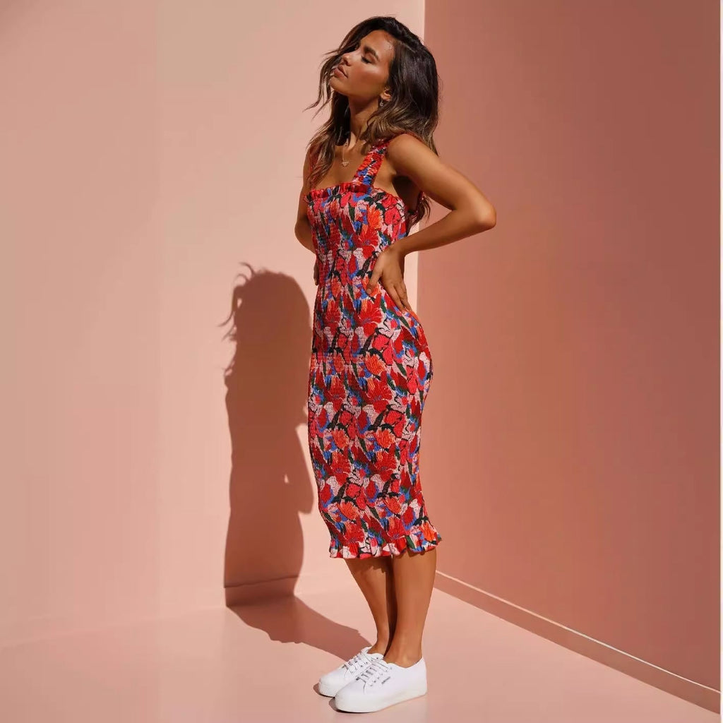 Midi Dress Vacation Ruffled Pleating Tight Dress