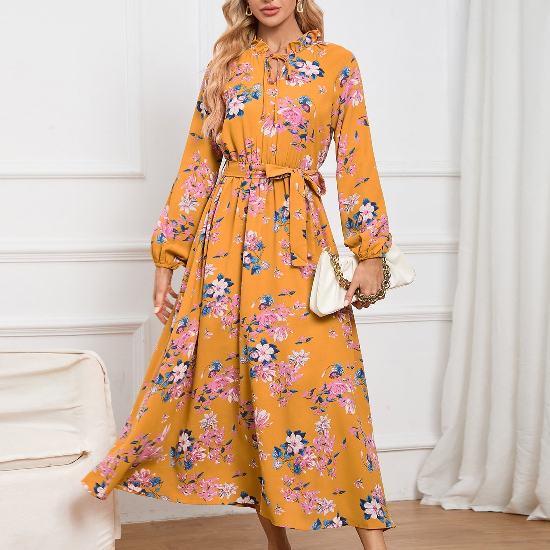 Slim Fit Elegant Lantern Sleeve StUp Collar Lace Floral Midi Dress