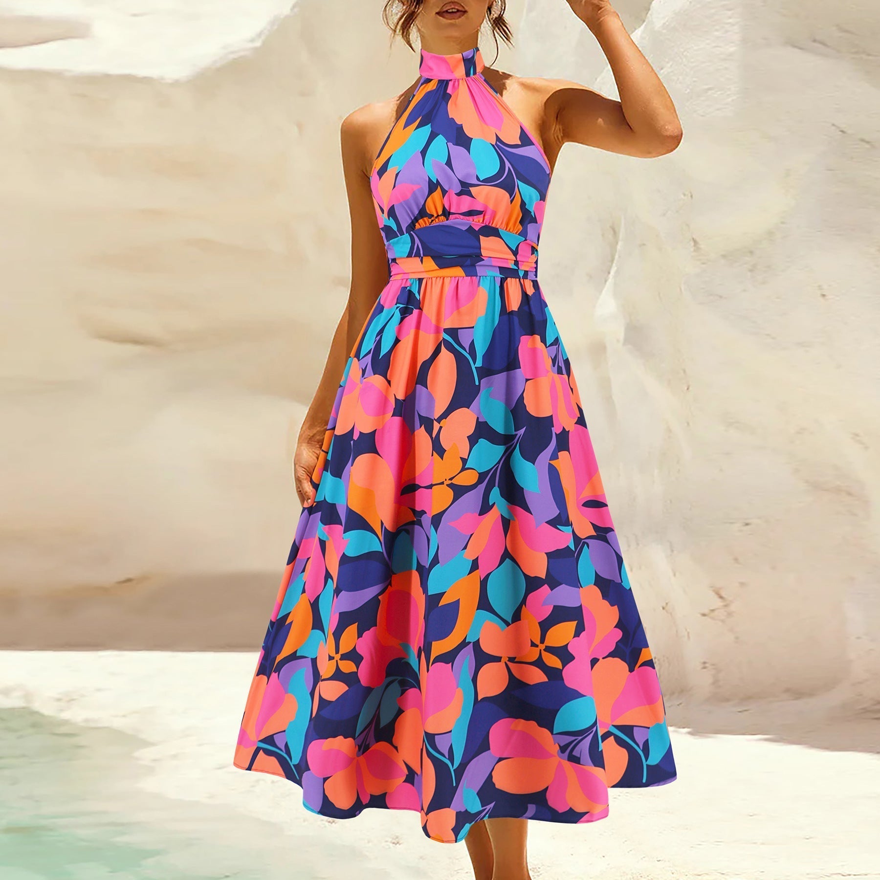 StUp Collar Sleeveless Printed Midi Dress Popular