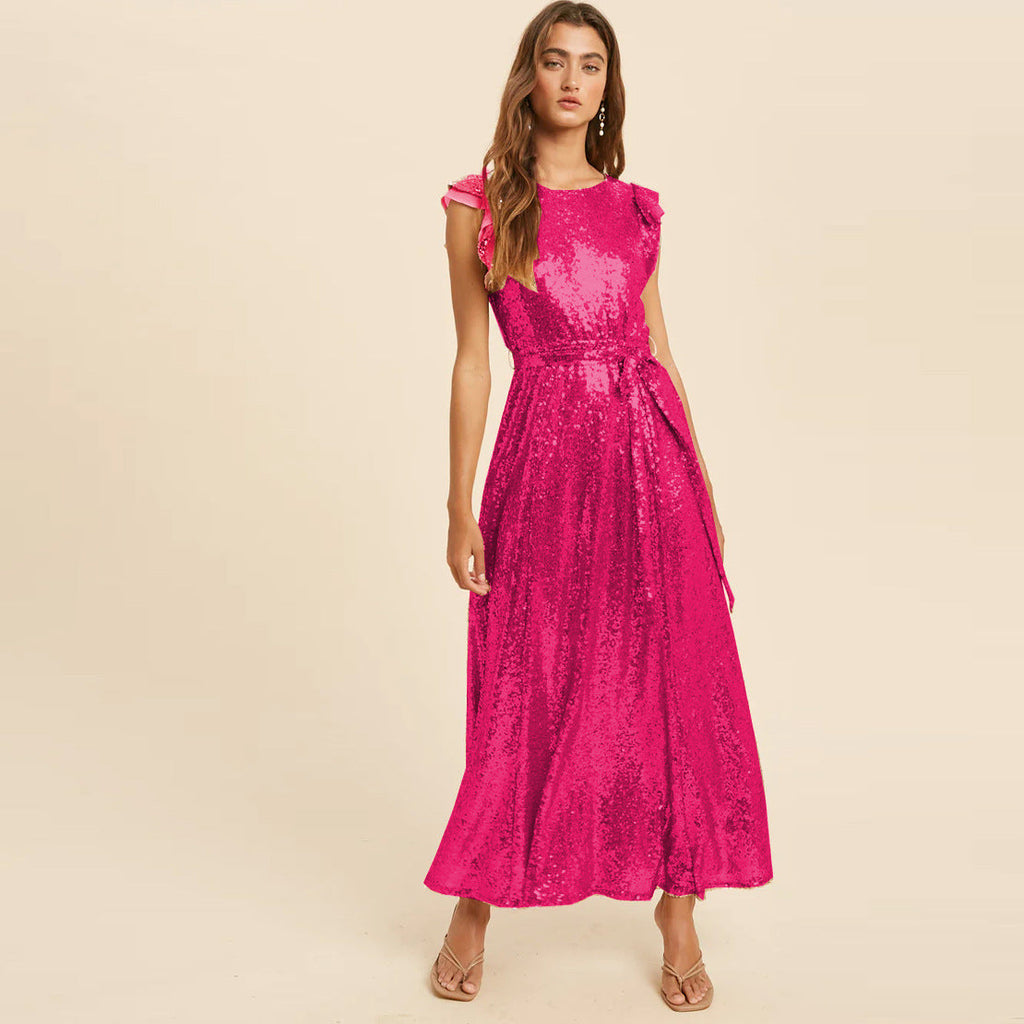 Sequ Dress Sleeveless Belt Round Neck Midi Dress Party Cocktail Dress