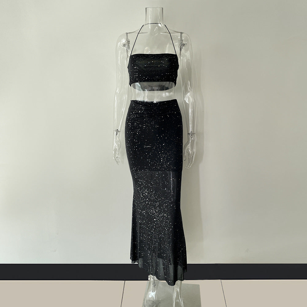 Mesh Camisole Vest Cropped Midi Dress Two Piece Vacation Sequined Sets