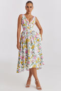 Elegant V Neck Cinched Waist Slim Fit Sleeveless Holiday Trend Floral Midi Dress