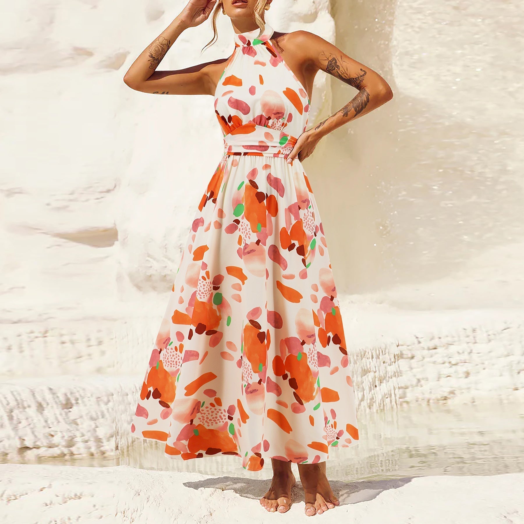 StUp Collar Sleeveless Printed Midi Dress Popular
