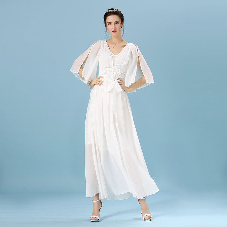 V Neck Half Sleeves Dress Solid Color Midi Dress