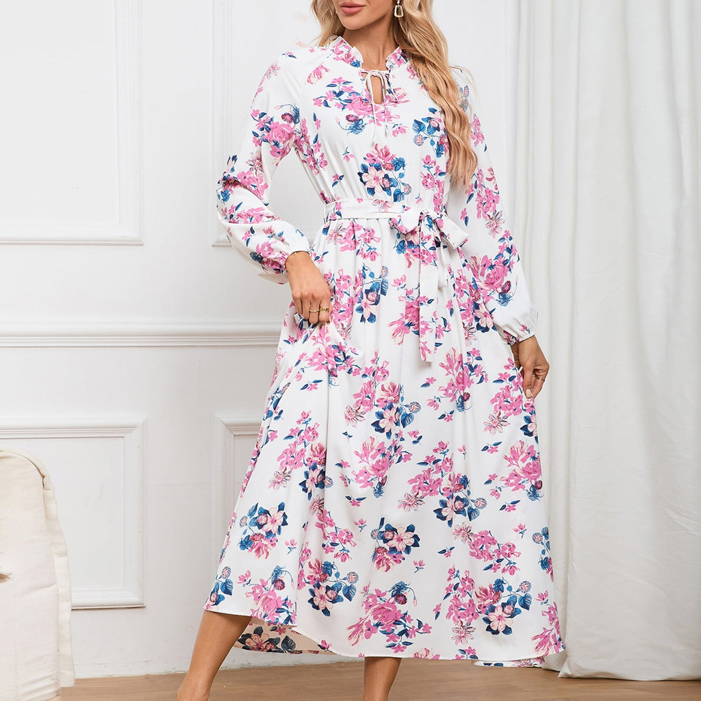Slim Fit Elegant Lantern Sleeve StUp Collar Lace Floral Midi Dress