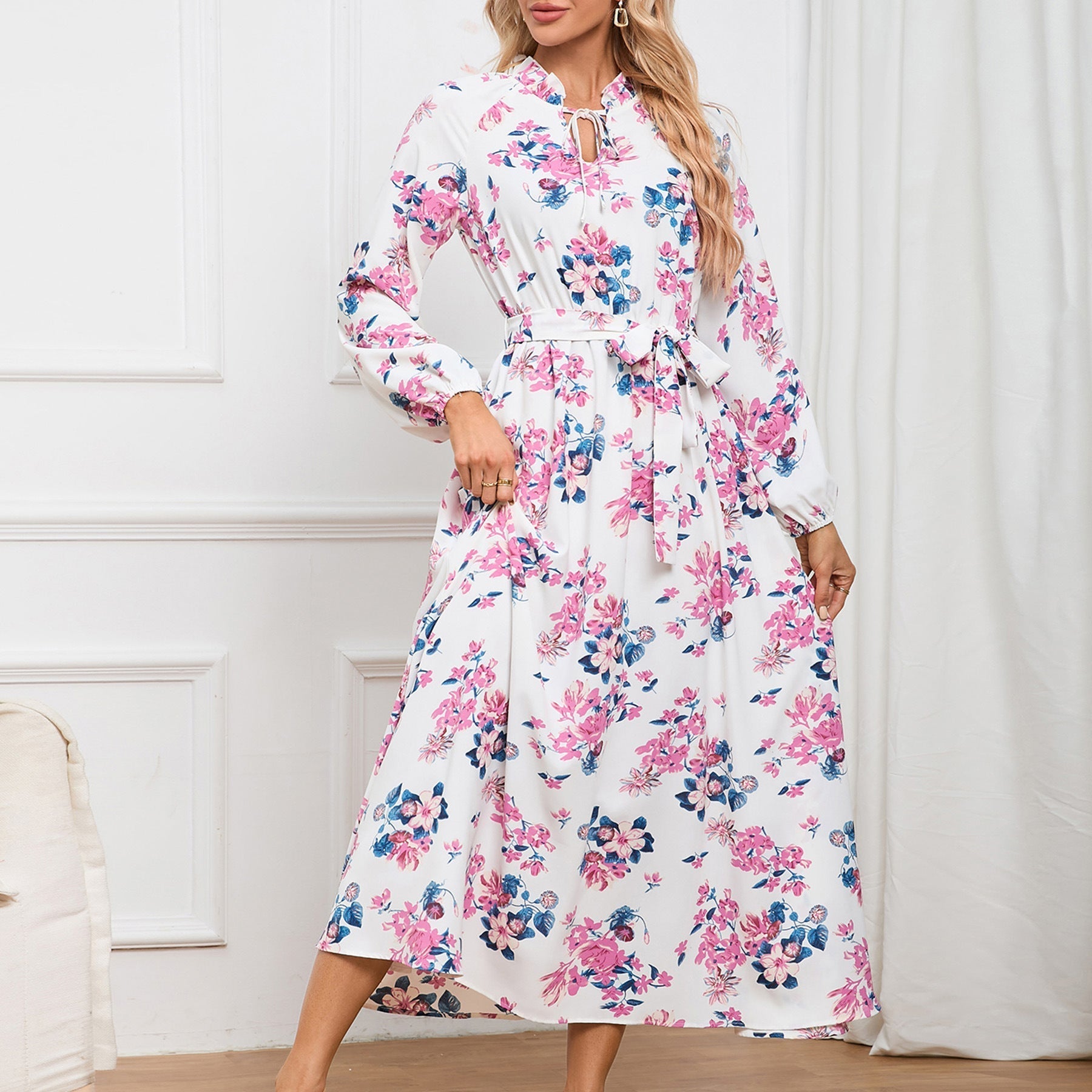 Slim Fit Elegant Lantern Sleeve StUp Collar Lace Floral Midi Dress