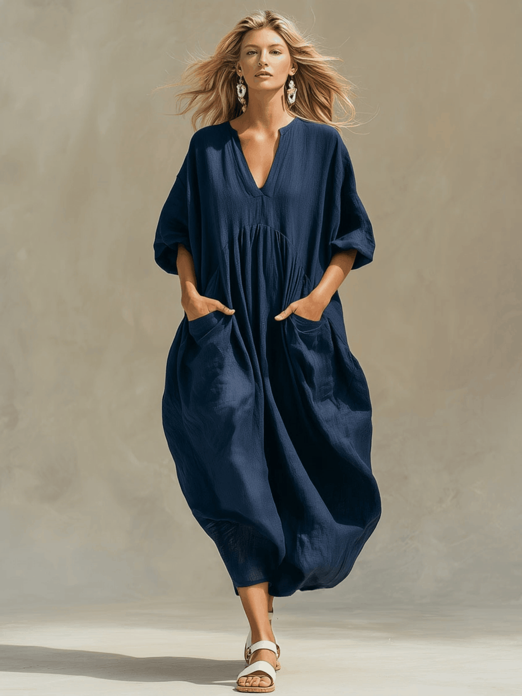 Casual Loose-fitting Blue Short-sleeved Tencel Denim Midi Dress