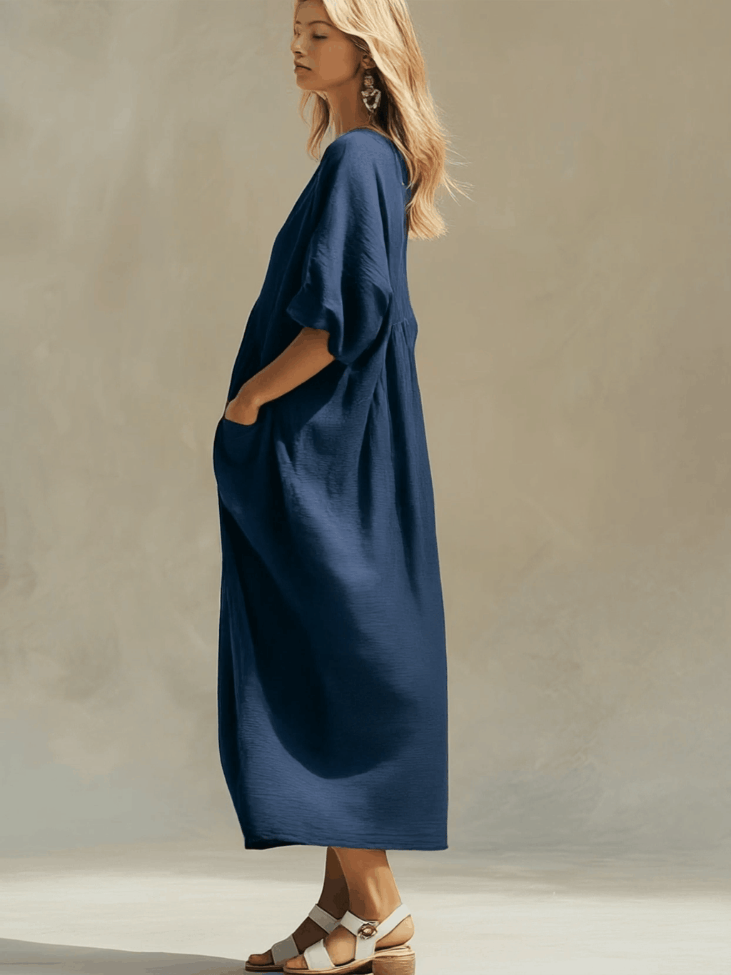 Casual Loose-fitting Blue Short-sleeved Tencel Denim Midi Dress