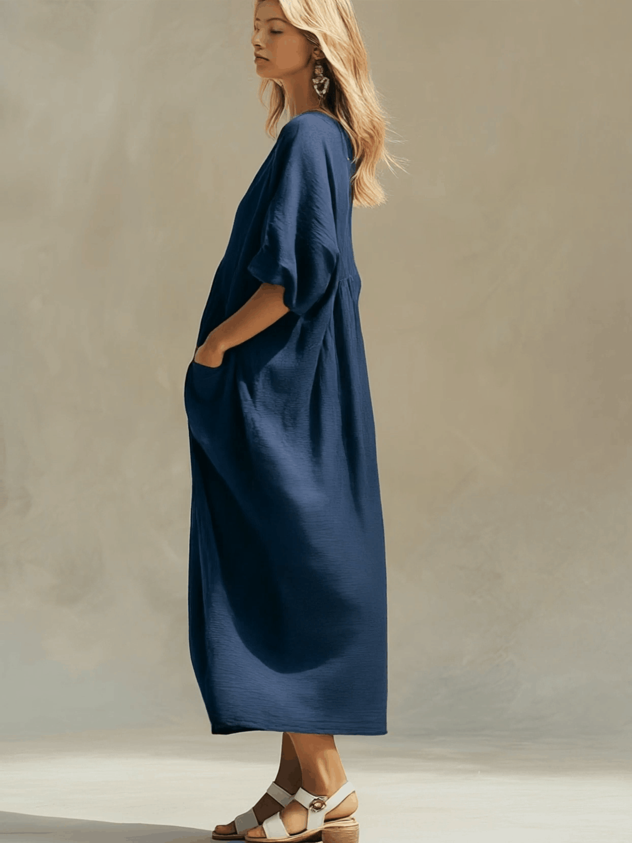 Casual Loose-fitting Blue Short-sleeved Tencel Denim Midi Dress