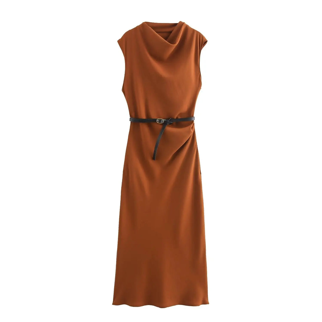Solid Sleeveless Belted Midi Dress