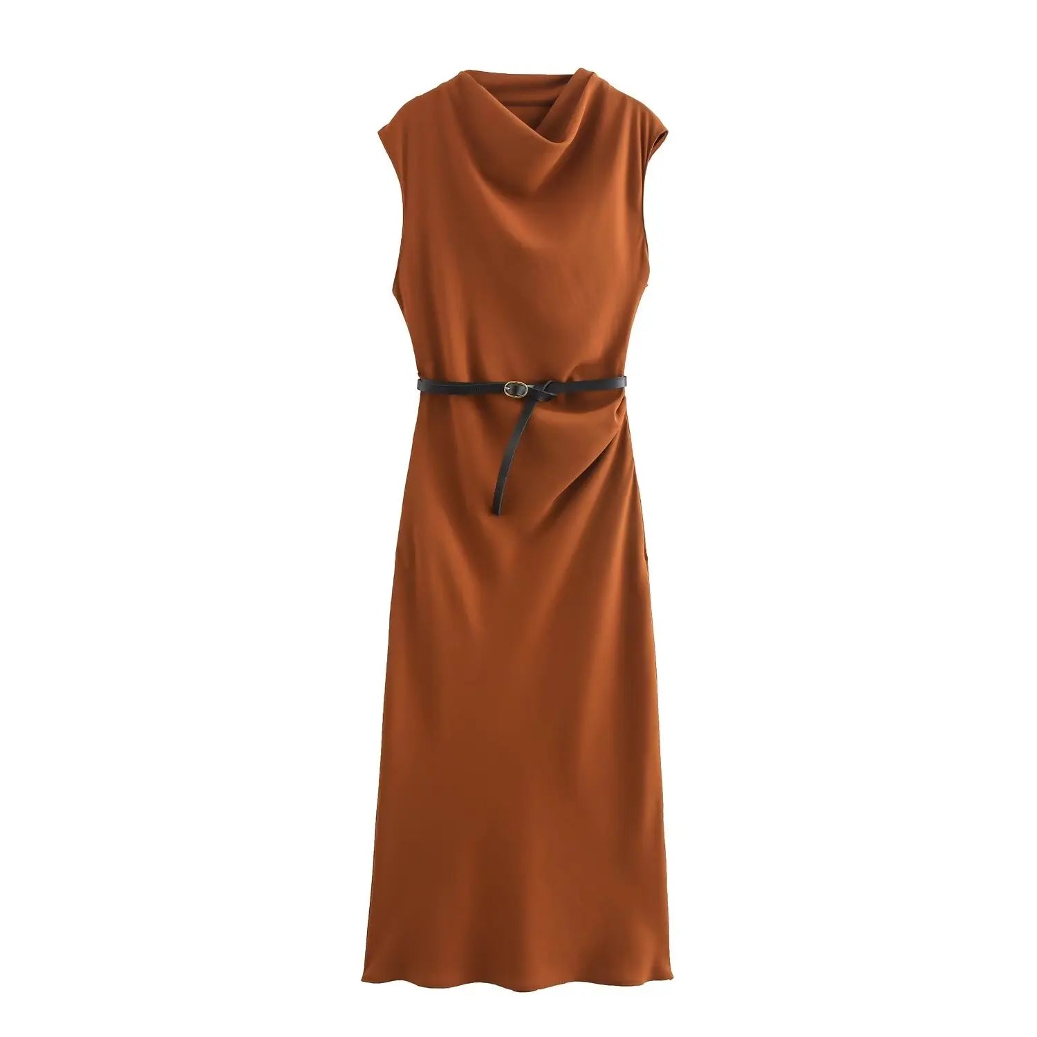 Solid Sleeveless Belted Midi Dress