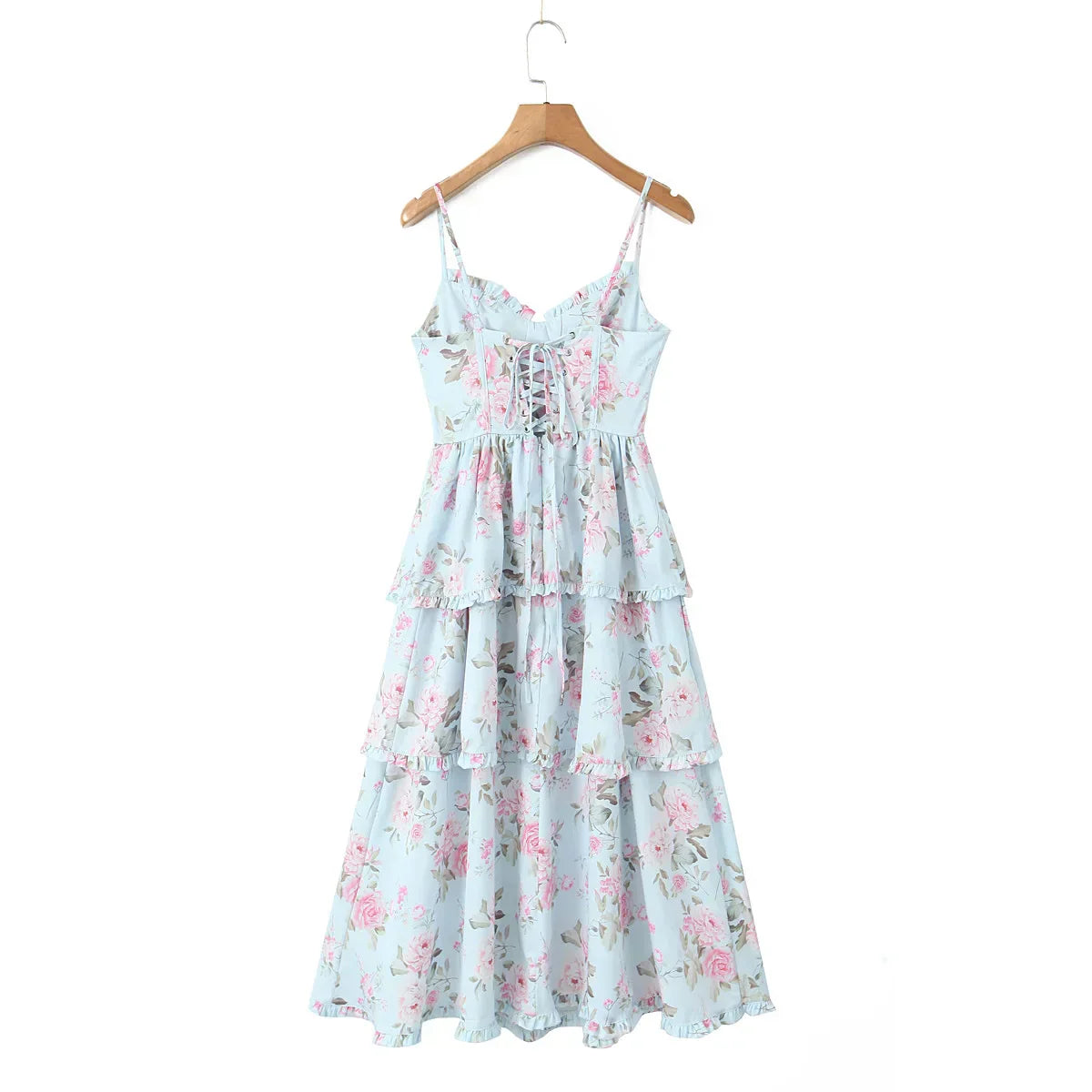 Print Cross Lacing up Back Slit Midi Dress