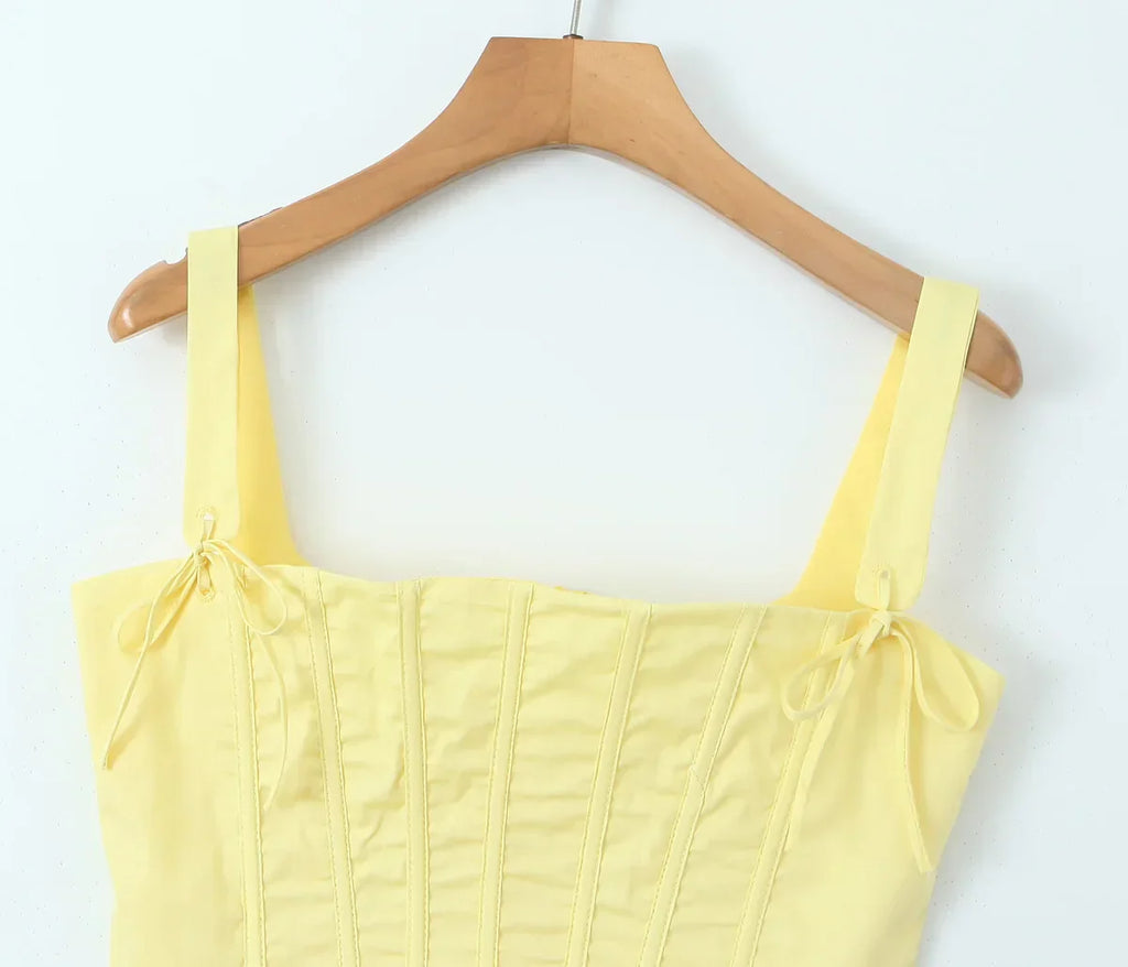 Yellow Slit Midi Dress and Cross Lacing up Top Set