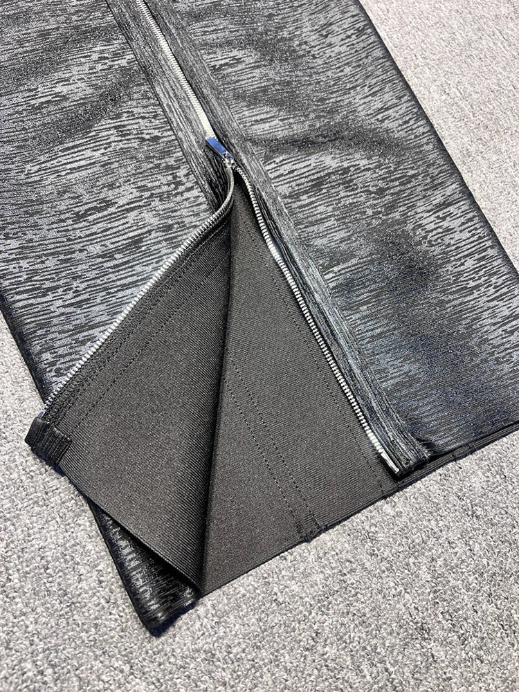 Strapless V-Neck Black Foil  Bandage Dress