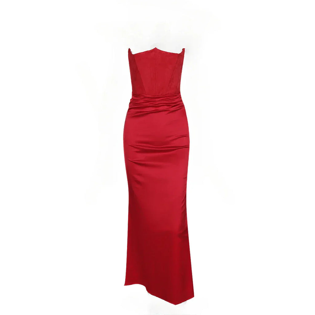 Strapless Velvet Solid Midi Dress