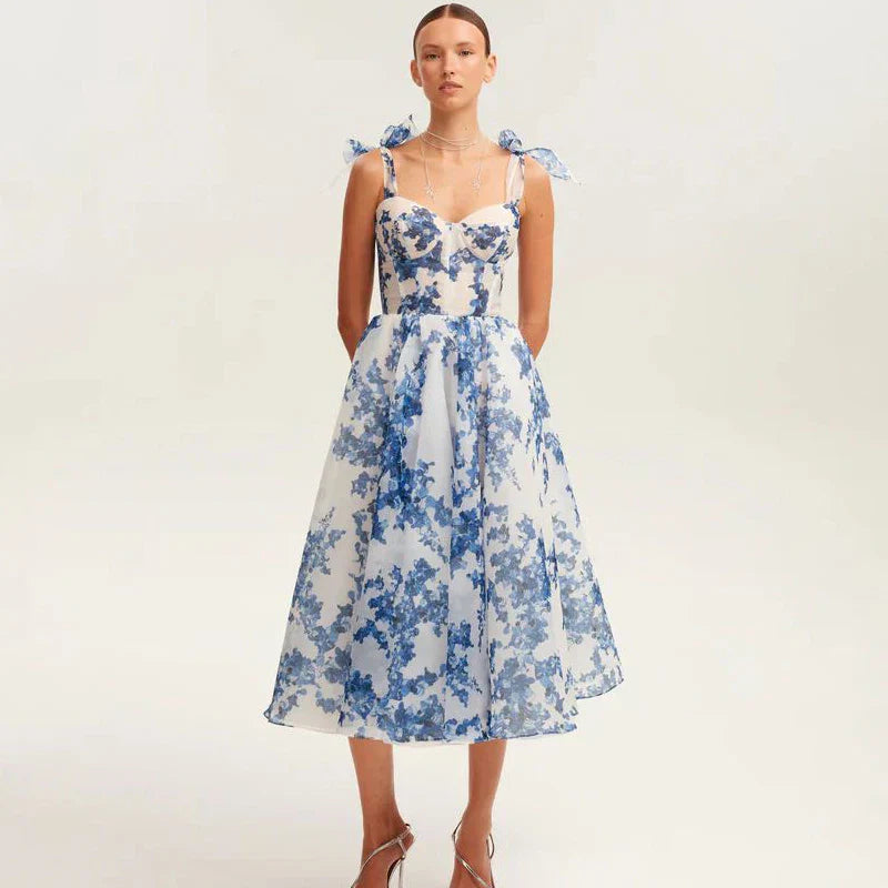 Floral back lace-up suspender dress