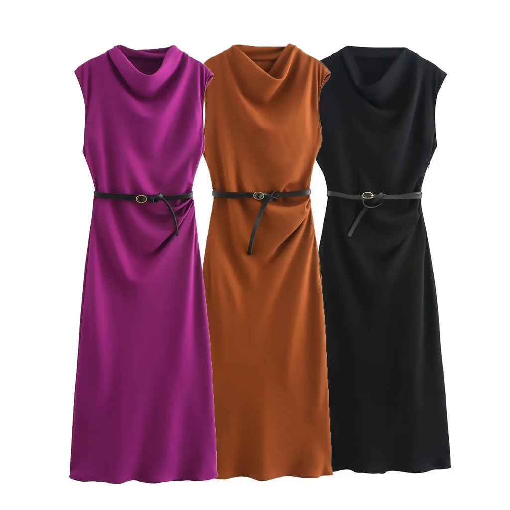 Solid Sleeveless Belted Midi Dress