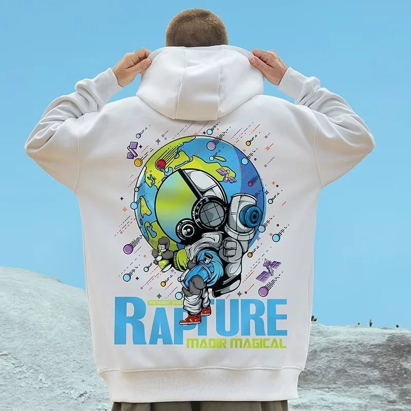M-8XL Oversized Hoodies Men American Cartoon Astronaut Print Hoodie Loose Student's Large Soft Velvet Hooded Sweater
