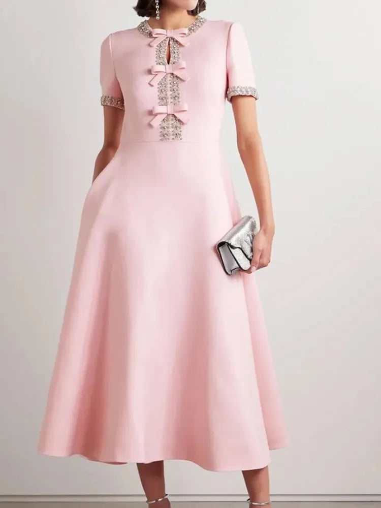 Diamond Edge Bowknot Short Sleeve Midi Dress