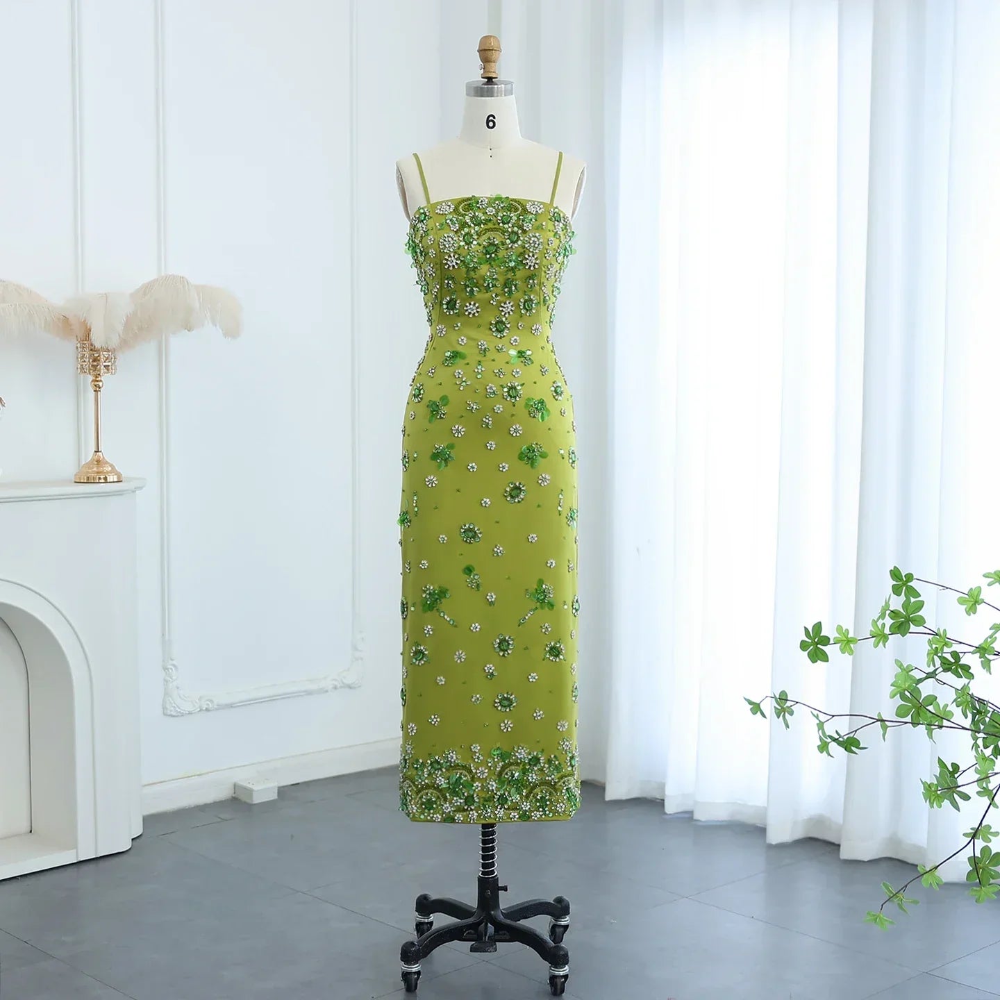Floral Beaded Midi Dress Spaghetti Straps