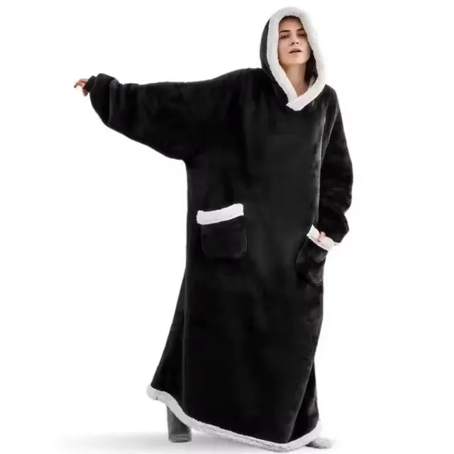 180cm Super Long Flannel Blanket Pyjamas with Sleeves Winter Hoodies Sweatshirt Women Men Pullover Fleece Giant Oversized Outd