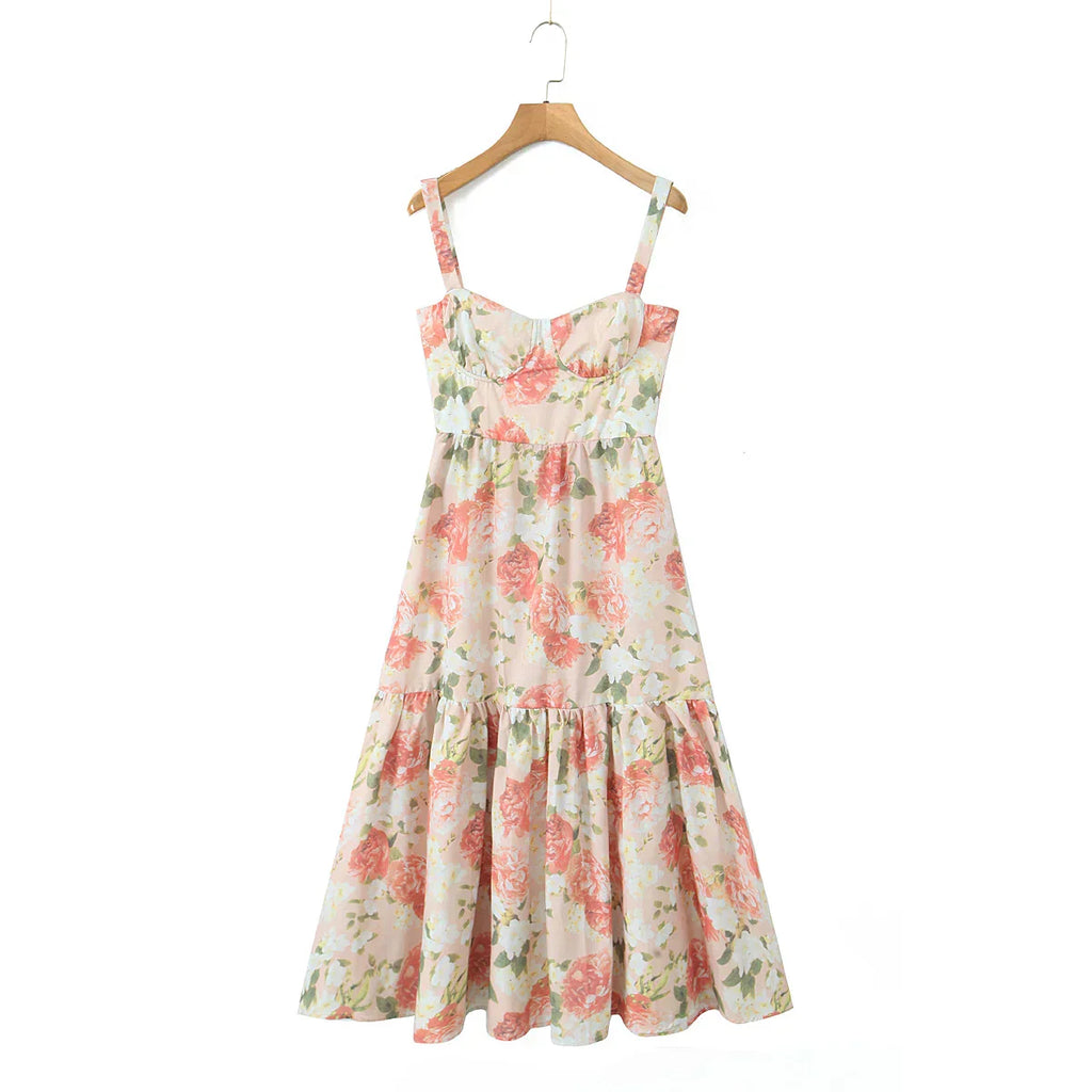 Floral Bra with Wire Corset Ruffles Midi Dress